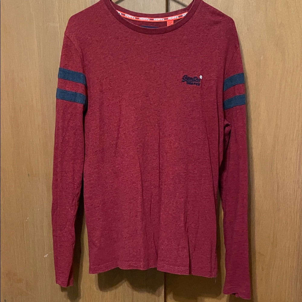 Superdry Burgundy Long Sleeve Tee with Navy Stripes